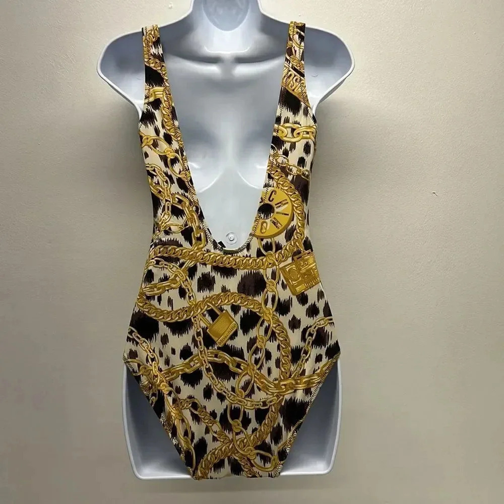 Moschino x H&M Swimsuit One Piece Bathing Suit Gold Chain Animal Black Size 8 - Picture 7 of 10